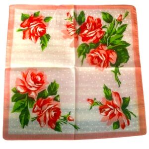 VINTAGE ROSE PATTERN HANDKERCHIEF • EUC